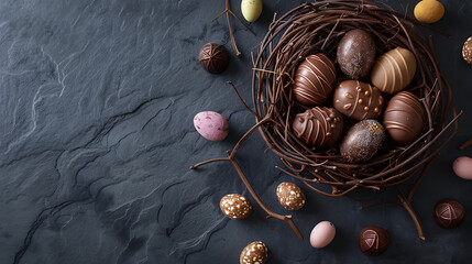 Obraz premium Dark Luxury Easter Food Flat Lay with Artisan Chocolate Eggs in Nest on Slate, Large Left Copy Space for Boutique Menus and Gift Boxes.