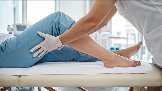 Lymphedema massage therapy leg treatment clinic female therapist glove support knee joint patient relax bed during medical care for swelling relief and gentle clinical rehabilitation modern clinic