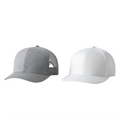 Two baseball caps with different patterns, one with a camouflage design and the other plain, isolated on transparent background