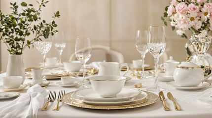 Fototapeta premium Elegant table setting with white and gold dinnerware and floral arrangements.