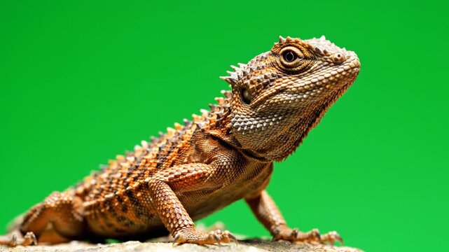 A close-up shot of a brown and orange spiky lizard with a textured skin against a vibrant green background.