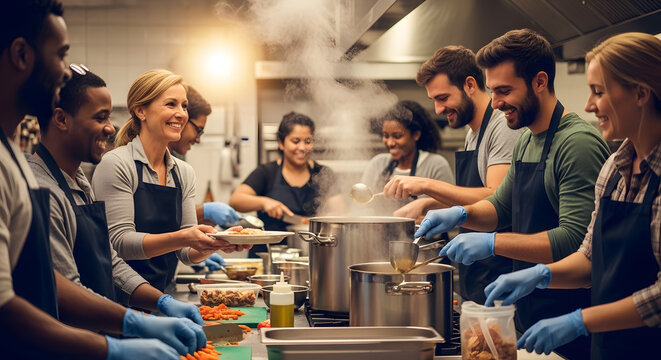 Cheerful team of people wearing aprons and gloves preparing and serving meals for a charity event