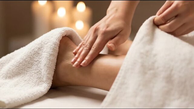 Relaxing foot massage therapy lymphedema treatment spa candlelight soft towel touch soothing care relaxation wellness skin treatment soft candlelight towel moisturizer soothing touch serene clinic