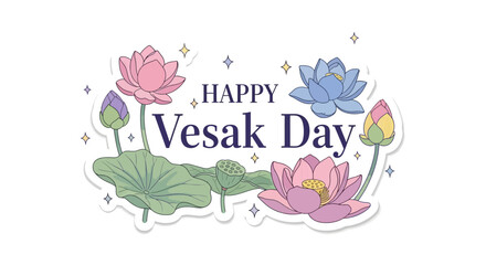 Fototapeta premium A beautiful illustration wishing 'Happy Vesak Day' with pink and blue lotus flowers, buds, and green leaves, surrounded by sparkling elements.