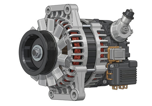 Detailed view of an automotive alternator showcasing its complex internal components and mechanisms