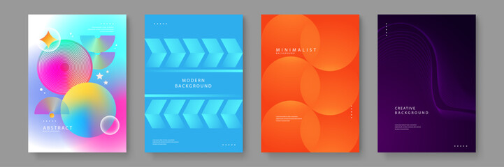 A collection of four professional abstract posters featuring vibrant gradients geometric shapes and minimalist typography for corporate or creative use © Badr Warrior