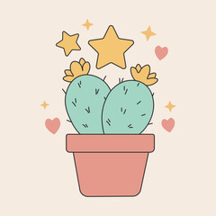 Blooming Prickly Pear Cactus in Terracotta Pot with Hearts and Stars