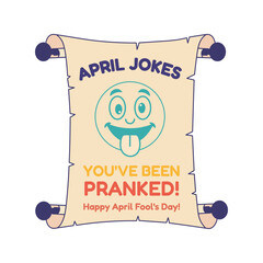 April Fools Day Prank Announcement Scroll with Silly Tongue Out Character