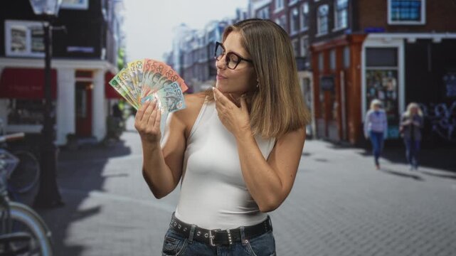 Woman holding a fanned stack of australian dollars and touching her neck on a street, wearing glasses, white tank top, jeans and belt; confidence prosperity.