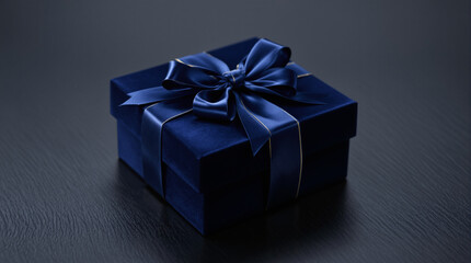 Obraz premium Elegant blue gift box with ribbon on dark wooden surface.