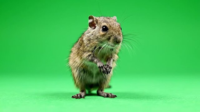 A small brown and white gerbil or mouse standing on its hind legs with front paws together against a vibrant green background.