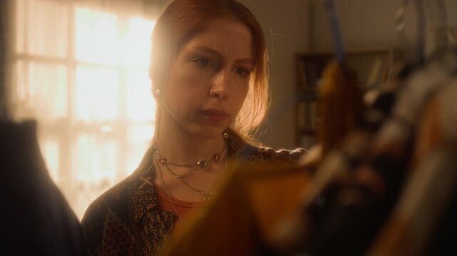 Cinematic close up shot of red haired young woman choosing clothes in closet at home and picking out outfits, shot from behind rack