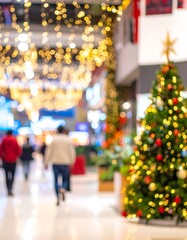 Blurred image of a festive indoor setting with a Christmas tree