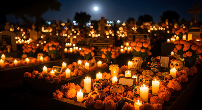Cemetery decorated with marigolds and candles for Day of the Dea