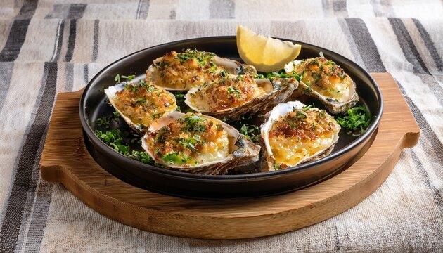 Baked Oysters Rockefeller Served On A Tray Topped With Bread Crumbs And Herbs