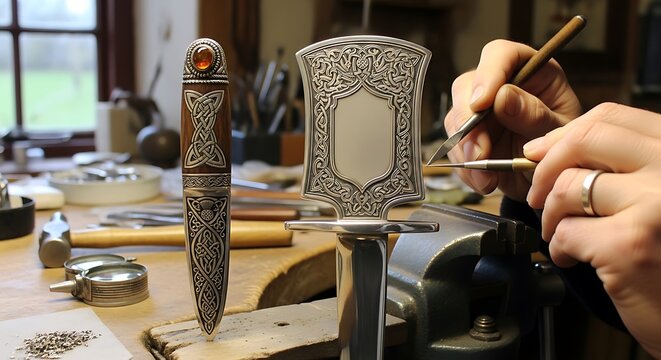 Artisan Craftsman Engraving Intricate Details on a Silver Dagger Hilt.