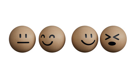 Naklejka premium Smiley face in front of normal and sadness face which print screen on wooden BALL block, emotion selection for customer satisfaction and evaluation concept.