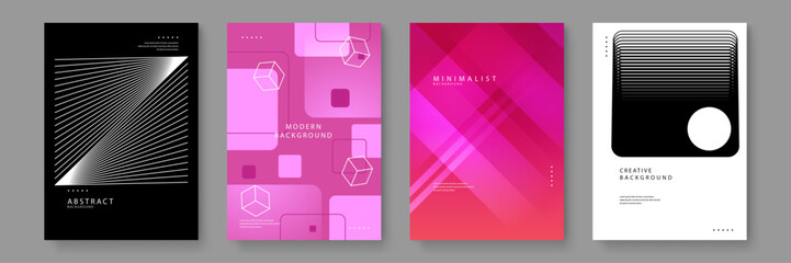Obraz premium Versatile collection of four modern backgrounds featuring line art 3D cubes pink gradients and black and white minimalist shapes