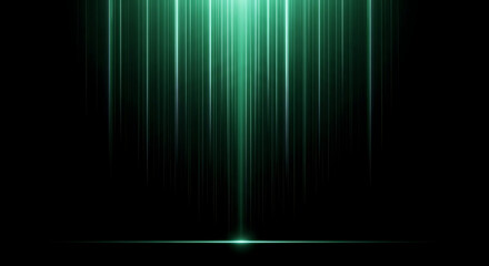 glowing green light streaks illustrating digital data flow cascading vertically onto a reflective surface for a tech background.