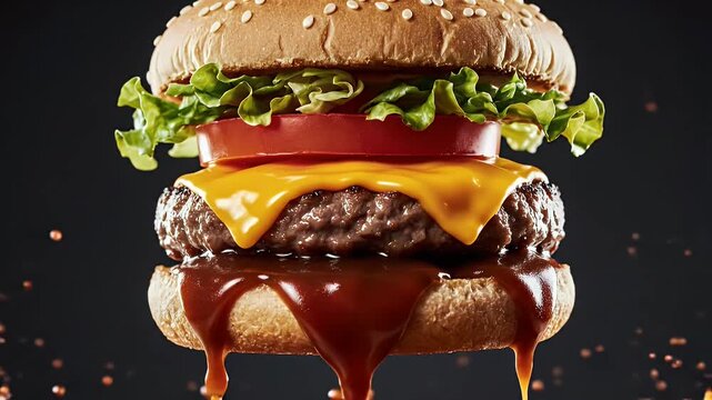 Impressive towering triple-stacked cheeseburger drenched in glossy sauce on a dark backdrop