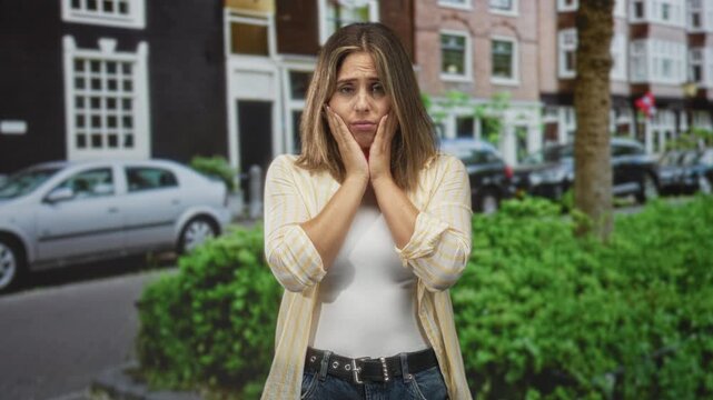 Woman pressing palms to cheeks with a pained expression on a city street by parked cars and green hedge in front of row houses; worry.