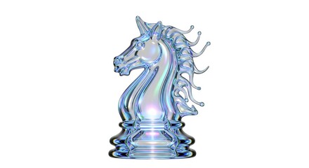 Elegant transparent crystal chess knight piece in a detailed 3D render, representing strategy, intelligence, and classic board game challenges