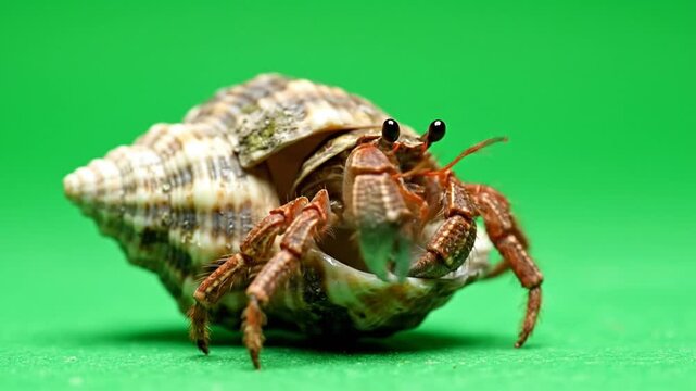A close-up shot of a small hermit crab with a patterned shell on a vibrant green background.