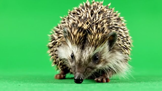 A small, spiky hedgehog with brown and white quills stands on a vibrant green background, looking forward.