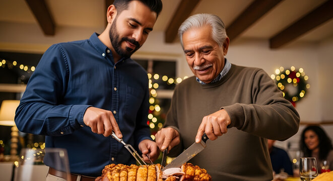 An older and younger man working together to slice a large piece of crispy pork or beef at a festive holiday table