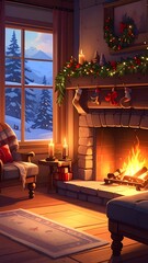 Cozy cabin interior with fireplace and snowy view (1)