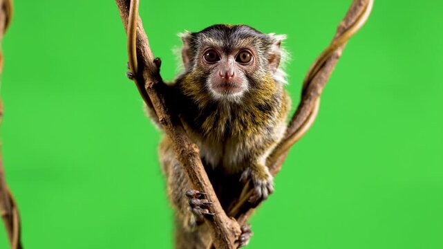 Close-up of a small, curious monkey with brown and white fur sitting on a twisted vine against a vibrant green screen background, looking directly at the viewer.