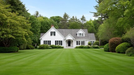 Beautiful white house surrounded by lush greenery and well-maintained lawn in a serene suburban setting under a clear blue sky