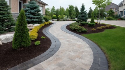 Obraz premium Curved Stone Pathway Surrounded by Lush Greenery and Vibrant Floral Elements in a Residential Landscape Setting