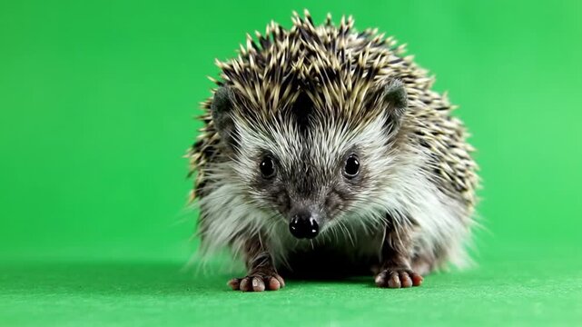 A cute small African pygmy hedgehog with sharp quills stands on a vibrant green background looking directly at the camera.