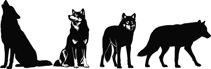 Black wolf silhouette set, wild husky and timberwolf in various poses like howling, sitting, and walking, isolated on white background. © IMRAN KHAN
