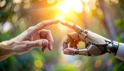 Human and robotic hands touching fingertips