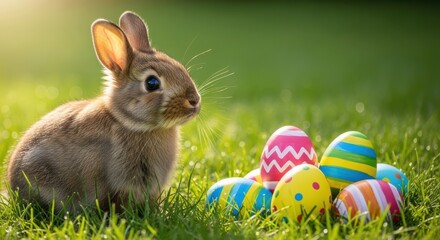 Obraz premium A cute brown bunny sitting in green grass with colorful Easter eggs