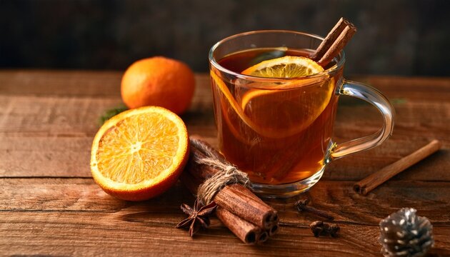 Warm Spiced Beverage With Orange Slices And Cinnamon Stick On A Rustic Wooden Table