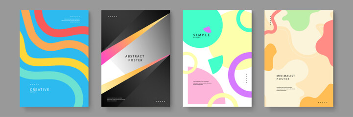 Fototapeta premium A bundle of four vibrant modern posters showcasing colorful waves geometric circles and abstract liquid compositions for creative sets
