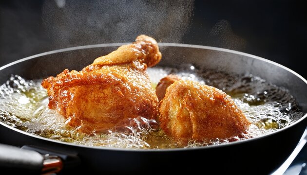 Fried Chicken In Hot Oil And Boiling In Pan