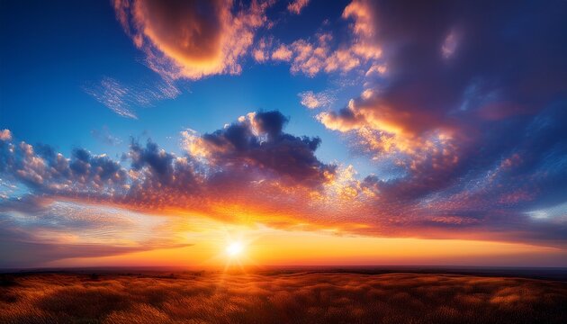 Vibrant Summer Sunset Painting The Expansive Evening Sky With Dramatic Warm Colors Casting Ethereal Light Across The Fluffy Clouds Near The Horizon Dusk Scenery Majestic