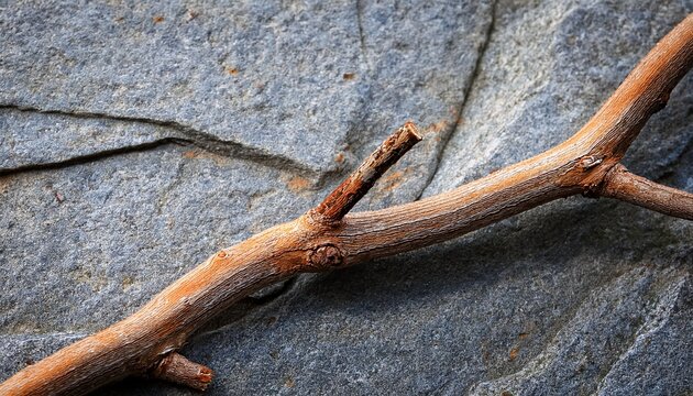 Rustic Branch Resting On Grey Granite Stone Texture Natural Outdoor Still Life Macro Photography High Resolution Detail