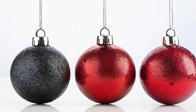 Red Black And Silver Christmas Ornaments Glittering Against White Background