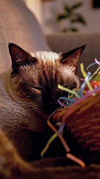 Cozy cat sleeping beside easter basket, warm indoor living room, siamese cat with closed eyes, wicker basket filled with colorful paper ribbons, soft sofa cushion, golden sunlight casting