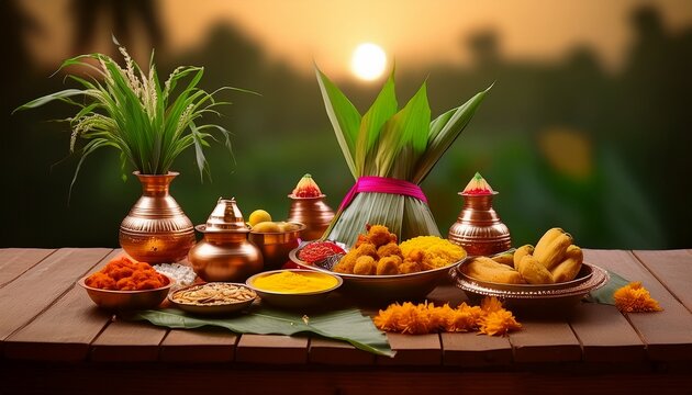 A Traditional Vegetarian Gudi Padwa Ugadi Feast Placed On A Low Wooden Table On Blurred Background