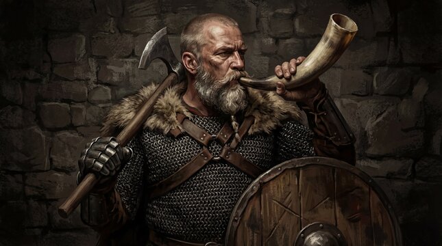 Detailed Dramatic Viking Warrior Blowing Horn with Axe Illustration