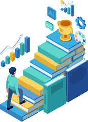 Isometric Man Climbing Book Staircase Towards Knowledge