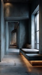 Minimalist industrial interior with concrete walls, brushed metal details, soft lighting, geometric composition, matte textures, and modern urban design