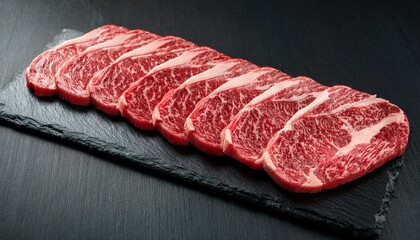 Premium Wagyu Beef Slices With Intense Marbling Arranged Neatly On Black Slate