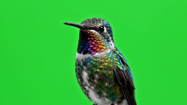 A close-up shot of a vibrant hummingbird with iridescent feathers against a bright green background.
